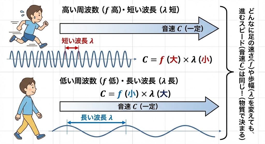 周波数と波長の関係を示す、歩く人のイラスト