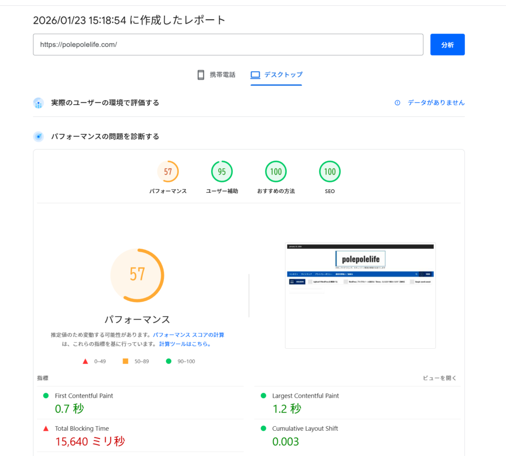 画像最適化後のスコア（57点）