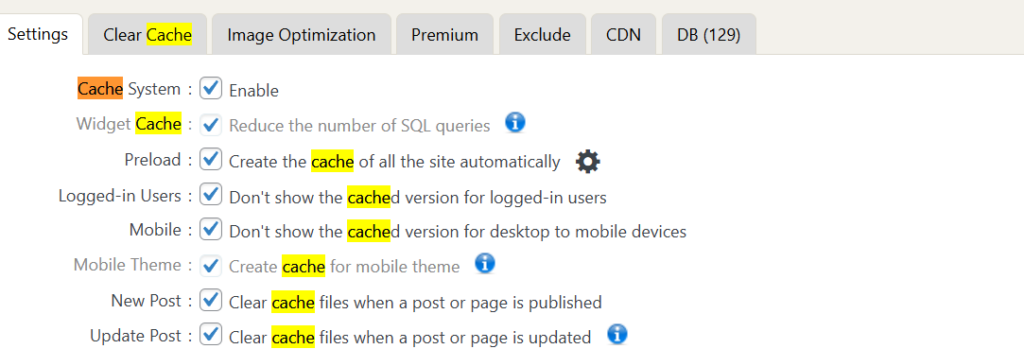 WP Fastest Cacheの基本設定画面