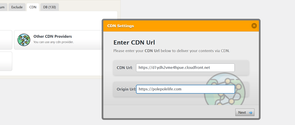 CDN URLとOrigin URLの入力画面